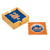 New York Mets Coaster Set 4 Piece with Wood Caddy-1