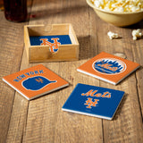 New York Mets Coaster Set 4 Piece with Wood Caddy-2