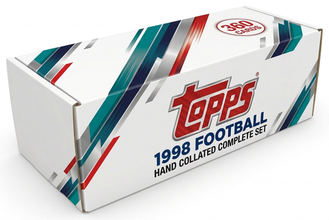 1998 Topps Football hand collated complete set storage box with teal navy silver red graphics and one 360-card badge