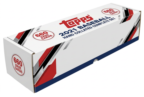 Stock illustration of a long white storage box for the 2021 Topps Baseball 660-card hand collated complete base set