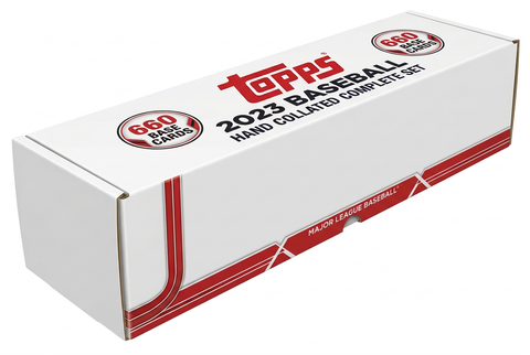 Stock illustration of a long white storage box for the 2023 Topps Baseball 660-card hand collated complete base set