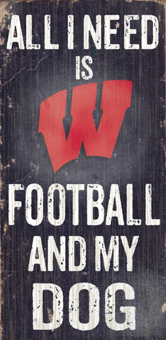 Wisconsin Badgers Wood Sign - Football and Dog 6"x12" - Team Fan Cave